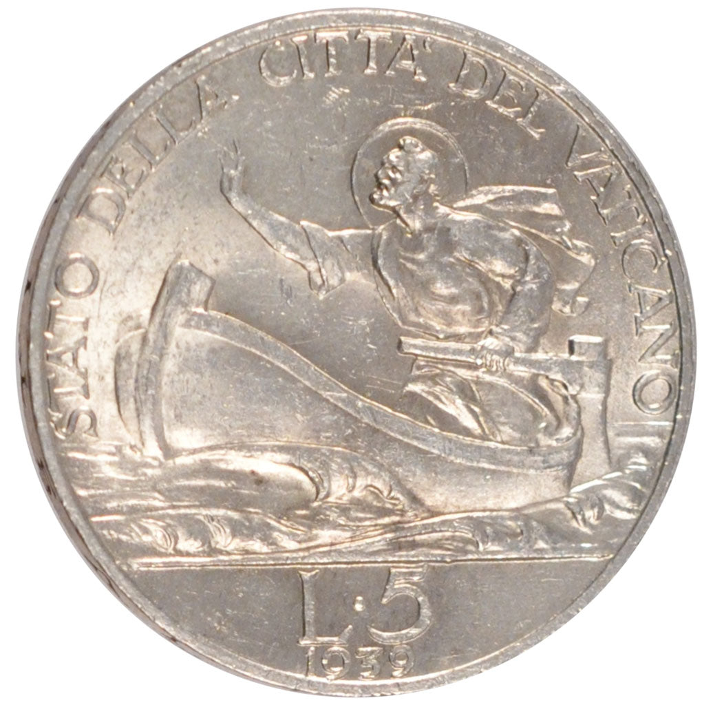 Vatican, 5 Lire, 1939, Roma, KM #28, MS(60-62), Silver, 5.00