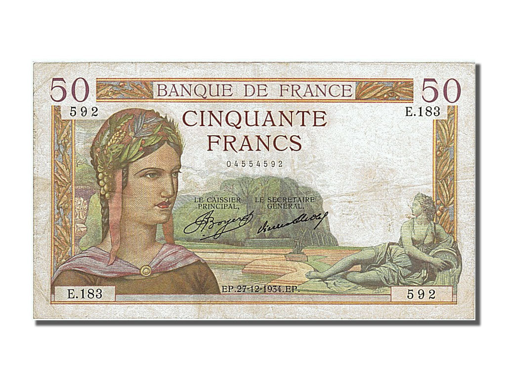 France, 50 Francs, 50 F 1934-1940 ''Cérès'', 1934, KM #81, 1934-12-27, VF(30-35)