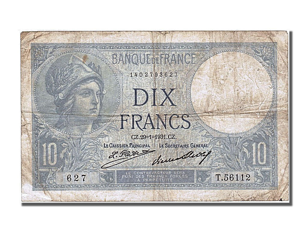 France, 10 Francs, 10 F 1916-1942 ''Minerve'', 1931, KM #73d, 1931-01-29,...