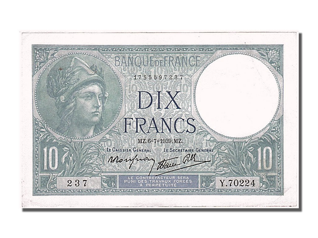 Banconote, Francia, 10 Francs, 10 F 1916-1942 ''Minerve'', 1939, 1939-07-06