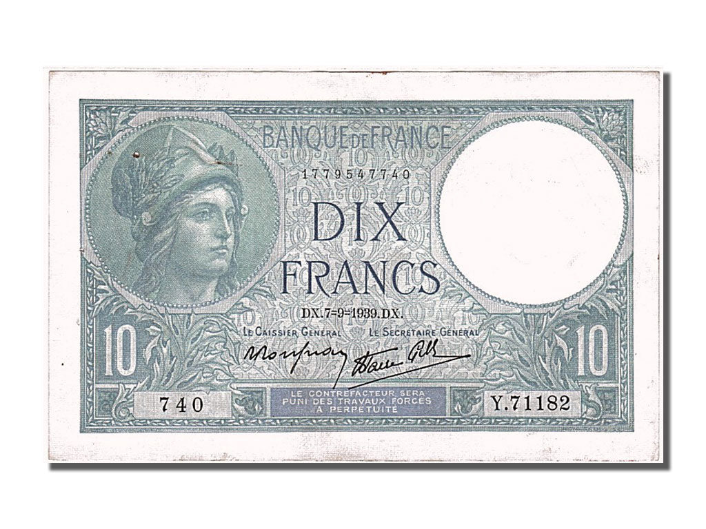 Francia, 10 Francs, 10 F 1916-1942 ''Minerve'', 1939, KM:84, 1939-09-07, SPL-...