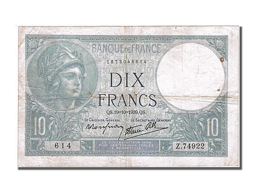 France, 10 Francs, 10 F 1916-1942 ''Minerve'', 1939, KM #84, 1939-10-19,...