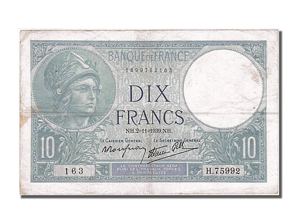 France, 10 Francs, 10 F 1916-1942 ''Minerve'', 1939, KM #84, 1939-11-02,...