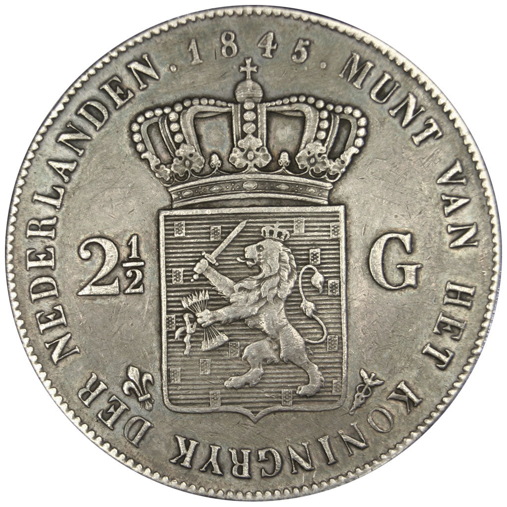 NETHERLANDS, 2-1/2 Gulden, 1845, Utrecht, KM #69.2, EF(40-45), Silver, 38, 24.82