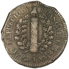 FRANCE, 5 Sols, 1793, Mayence, EF(40-45), Bronze, Gadoury #67, 21.07