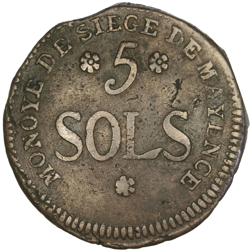 FRANCE, 5 Sols, 1793, Mayence, EF(40-45), Bronze, Gadoury #67, 21.07