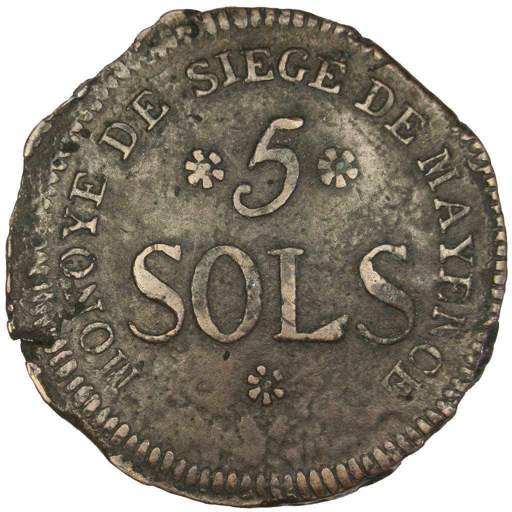 GERMAN STATES, 5 Sols, 1793, Mayence, KM #603, EF(40-45), Copper, Gadoury #67,..