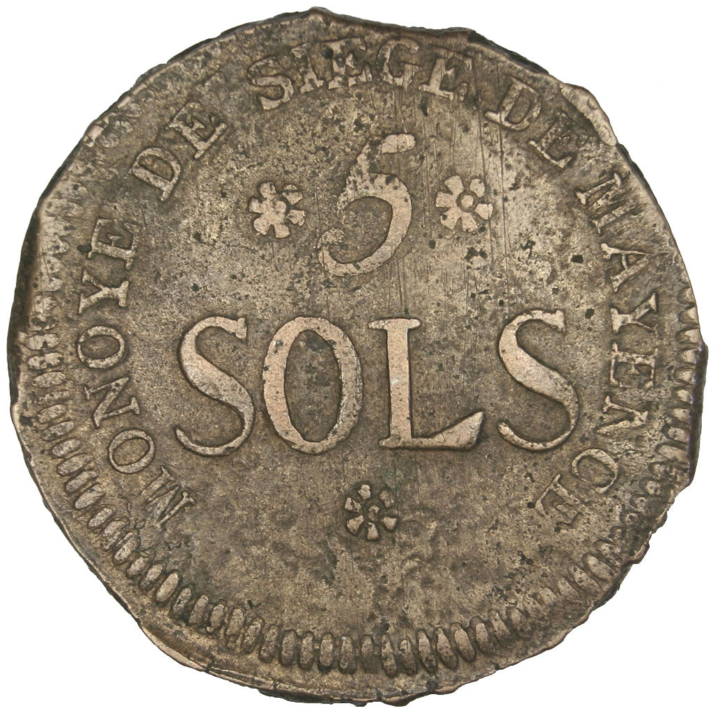 GERMAN STATES, 5 Sols, 1793, Mayence, KM #603, VF(30-35), Copper, Gadoury #67,..