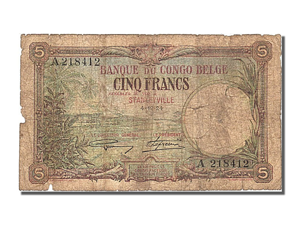 Belgian Congo, 5 Francs, 1924, KM #8d, 1924-12-04, VF(20-25), A218412