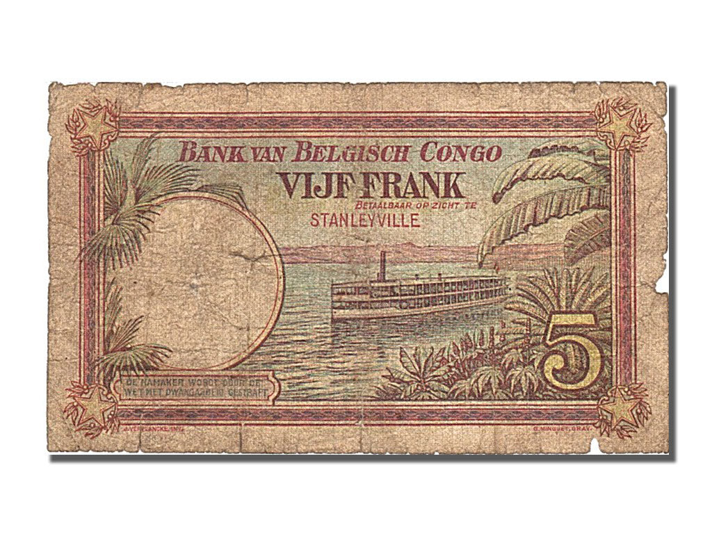 Belgian Congo, 5 Francs, 1924, KM #8d, 1924-12-04, VF(20-25), A218412
