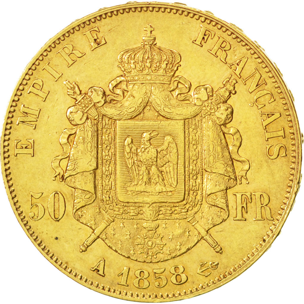 FRANCE, Napoléon III, 50 Francs, 1858, Paris, KM #785.1, EF(40-45), Gold, Gadour