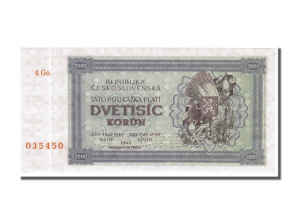 Czechoslovakia, 2000 Korun, 1945, KM #50As, UNC(65-70), 4 Go 035450