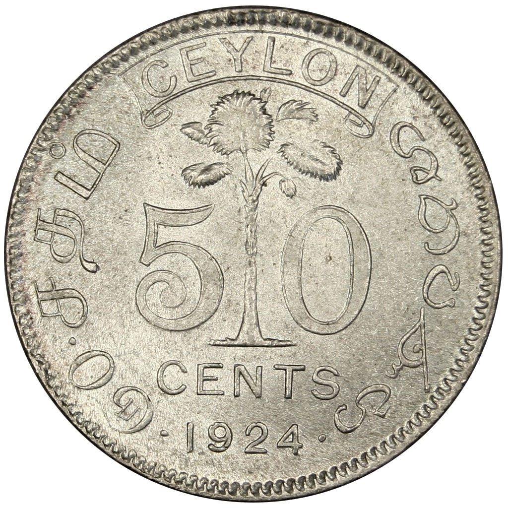 CEYLON, 50 Cents, 1924, KM #109a, AU(55-58), Silver, 23.8, 5.82