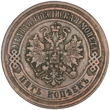 RUSSIA, 5 Kopeks, 1875, Ekaterinbourg, KM #12.1, AU(50-53), Copper, 16.39