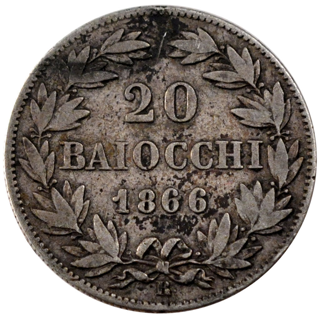ITALIAN STATES, 20 Baiocchi, 1866, Roma, KM #1360a, VF(30-35), Silver, 5.21