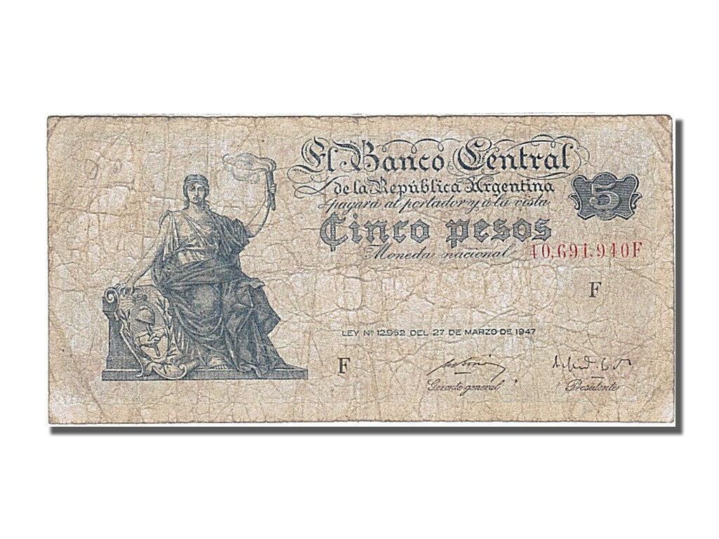 Argentina, 5 Pesos, KM #258, 1947-03-20, VF(20-25), 40.691.940F