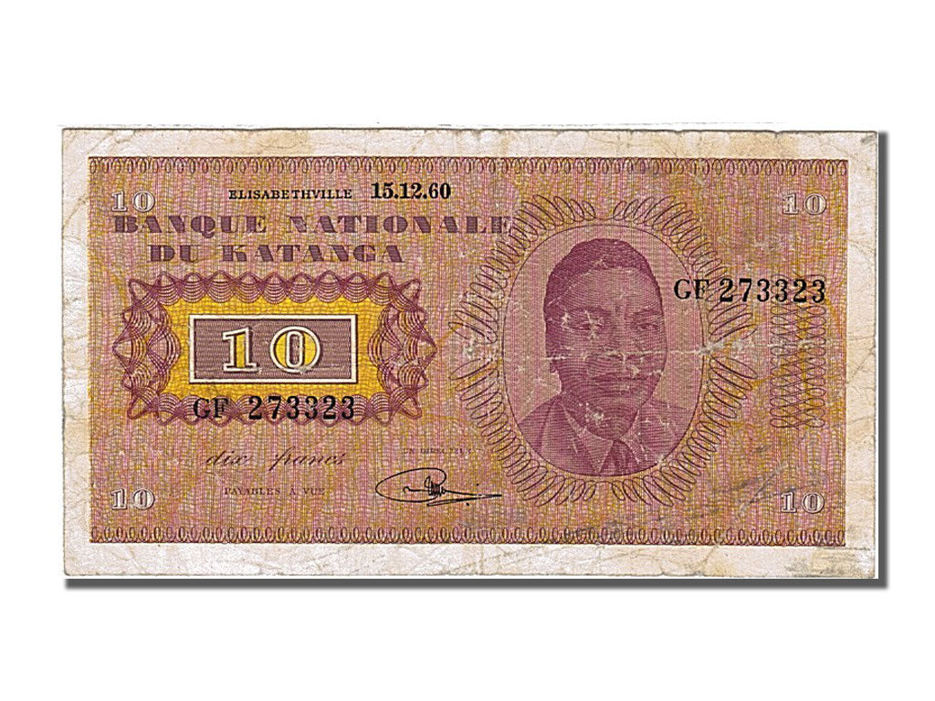 Katanga, 10 Francs, 1960, KM #5a, 1960-12-15, VF(30-35), GF 273323