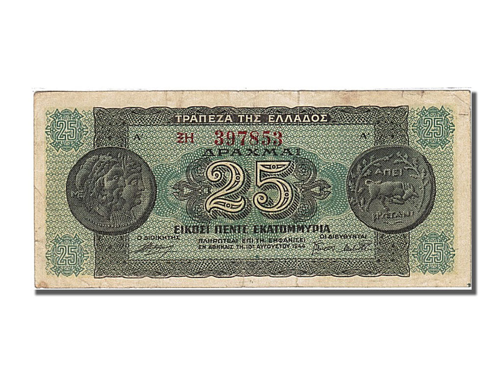 Greece, 25,000,000 Drachmai, 1944, KM #130a, 1944-08-10, VF(30-35), 397853