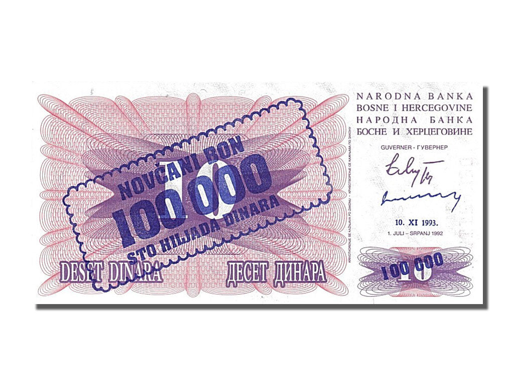 Banknote, Bosnia - Herzegovina, 100,000 Dinara, 1992, 1992-07-01, UNC(65-70)
