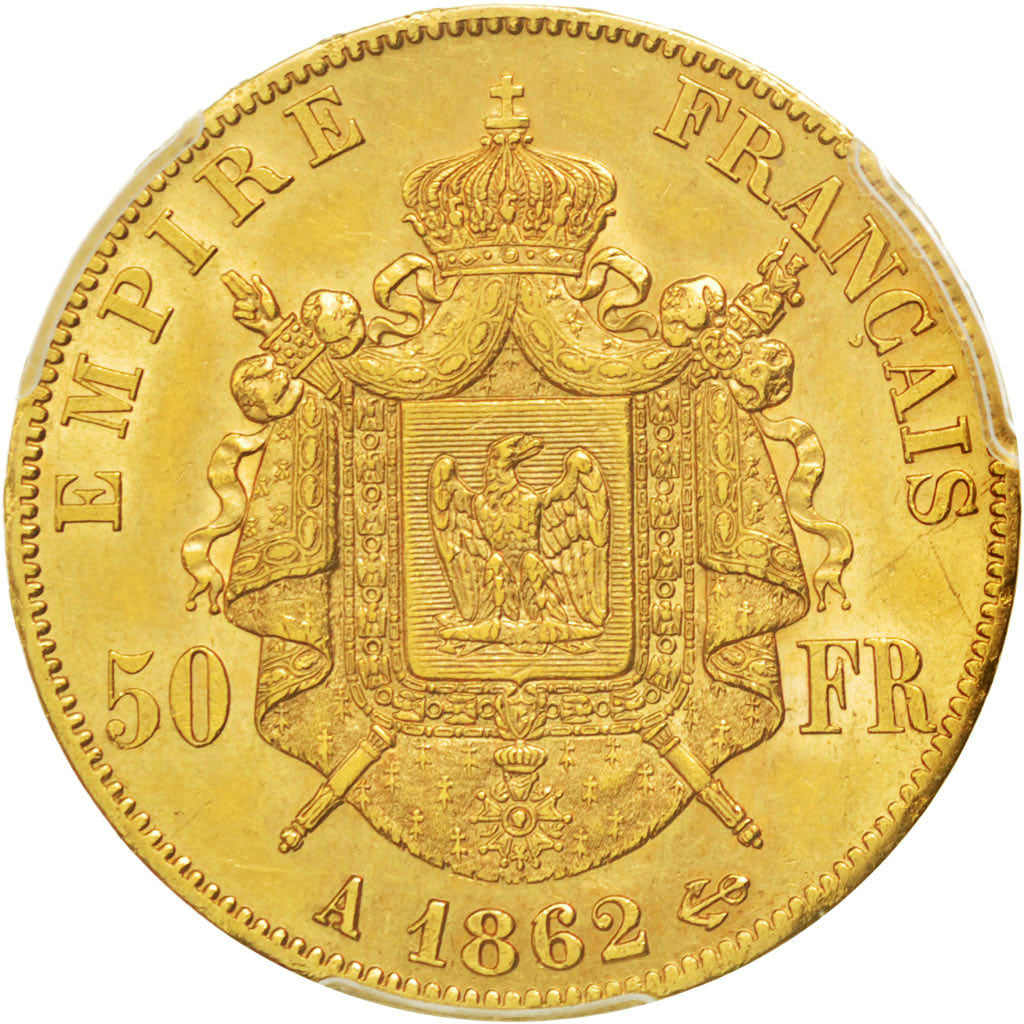 Second Empire, 50 Francs or Napoléon III tête laurée, 1862 A, PCGS AU58