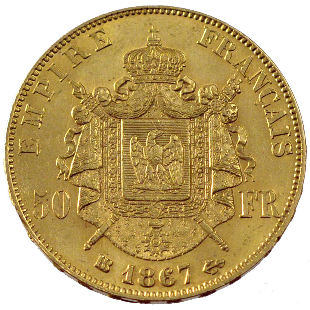 FRANCE, Napoléon III, 50 Francs, 1867, Strasbourg, KM #804.2, AU(55-58), Gold, G