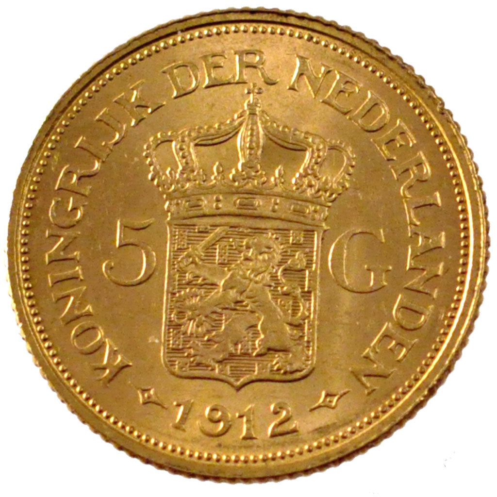 NETHERLANDS, 5 Gulden, 1912, KM #151, MS(60-62), Gold, 18, 3.37
