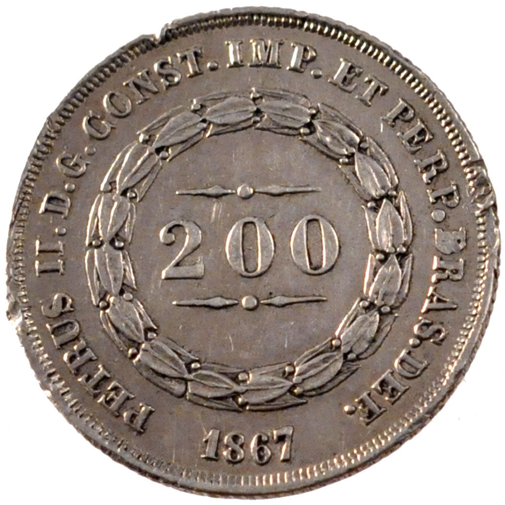 BRAZIL, 200 Reis, 1867, KM #469, AU(55-58), Silver, 19.9, 2.53