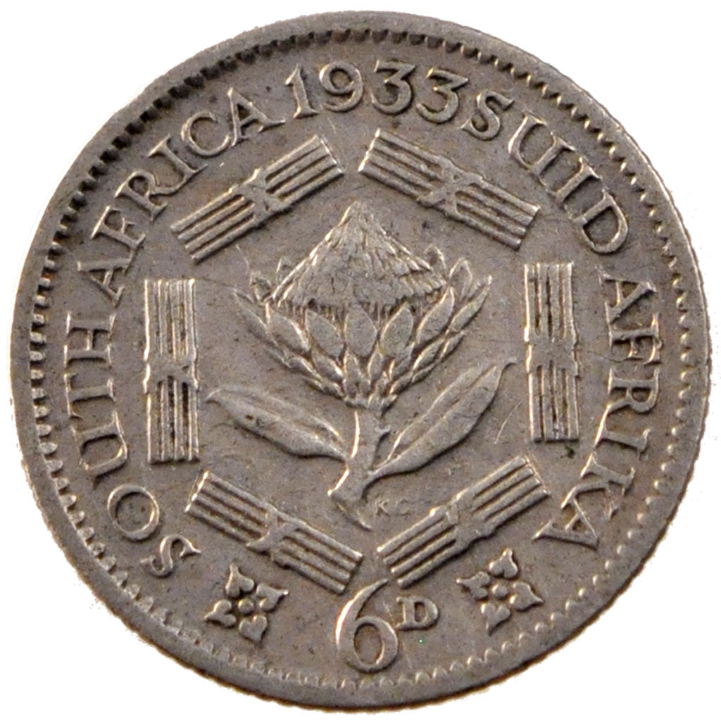 SOUTH AFRICA, 6 Pence, 1933, KM #16.2, EF(40-45), Silver, 19.41, 2.76