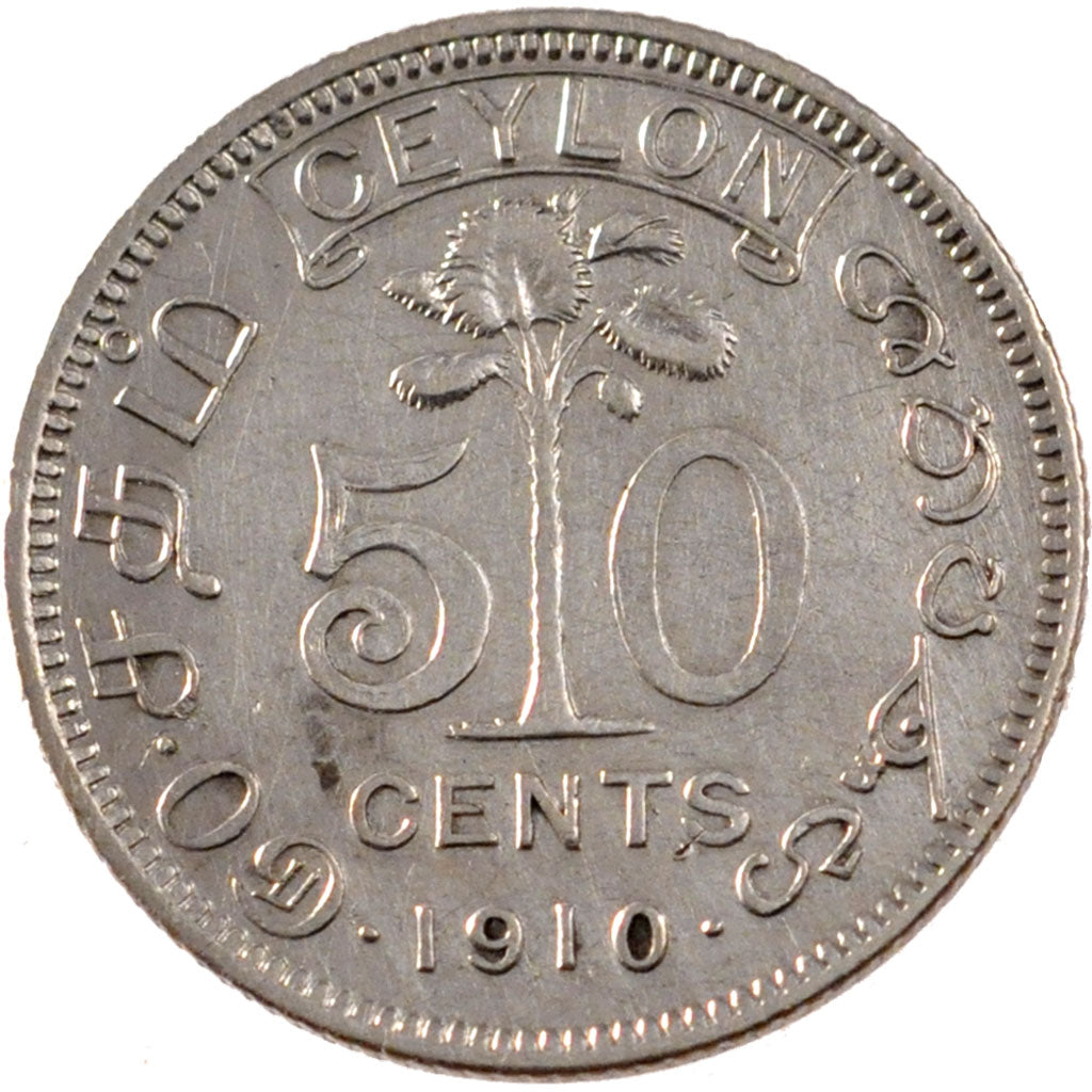 Ceylon, Edward VII, 50 Cents, 1910, MB+, Argento, KM:99