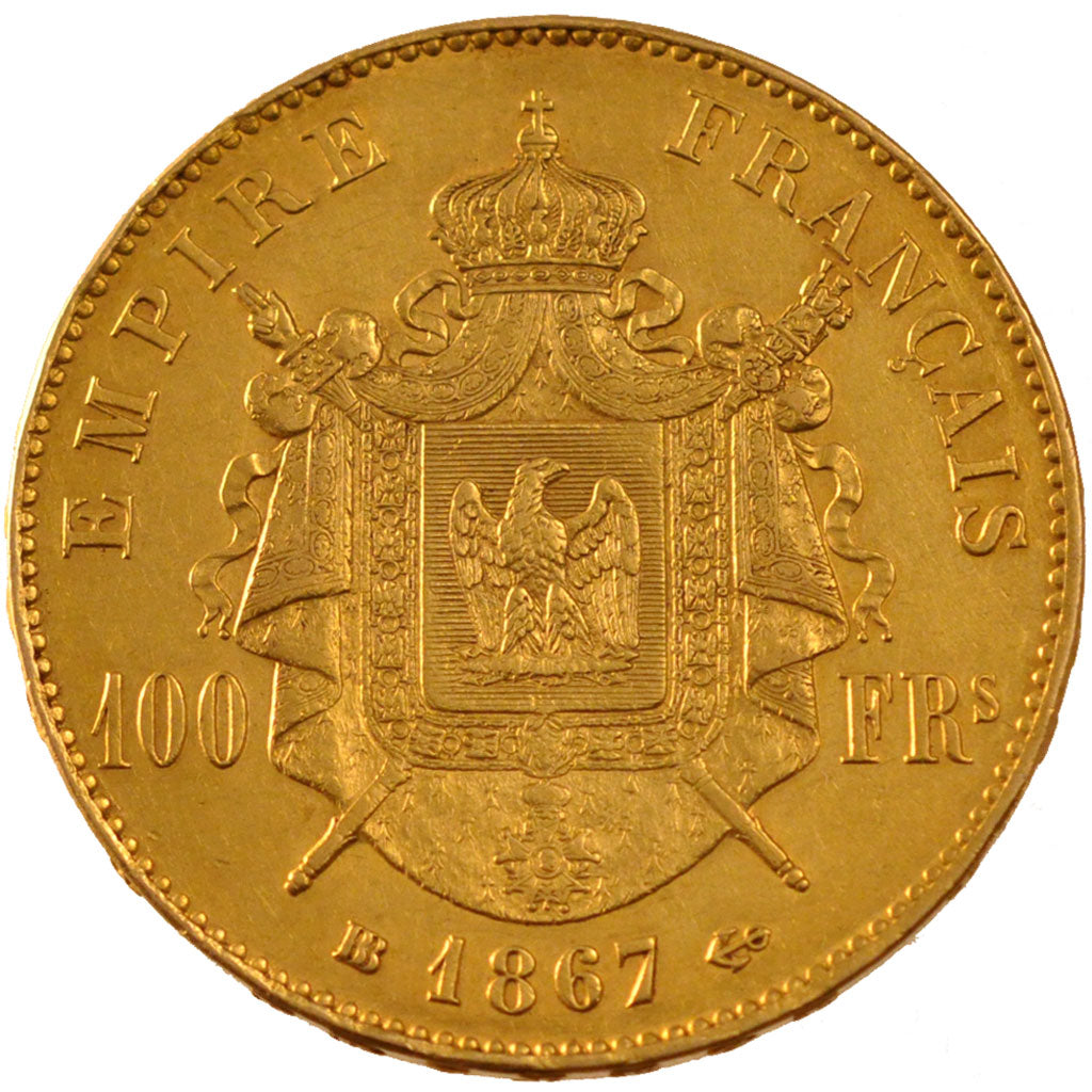 FRANCE, Napoléon III, 100 Francs, 1867, Strasbourg, KM #802.2, AU(50-53), Gold, 
