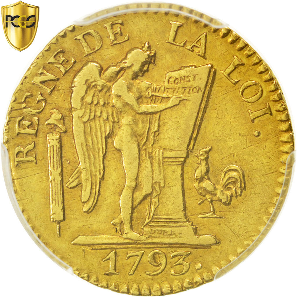 FRANCE, 24 Livres, 1793, Lyons, graded, PCGS, AU(50-53), Gold, Gadoury #62, 7.58
