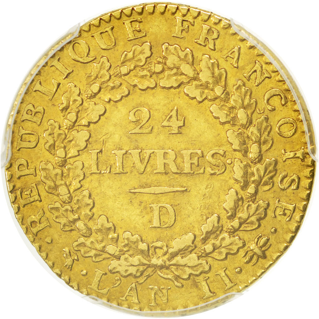 FRANCE, 24 Livres, 1793, Lyons, graded, PCGS, AU(50-53), Gold, Gadoury #62, 7.58