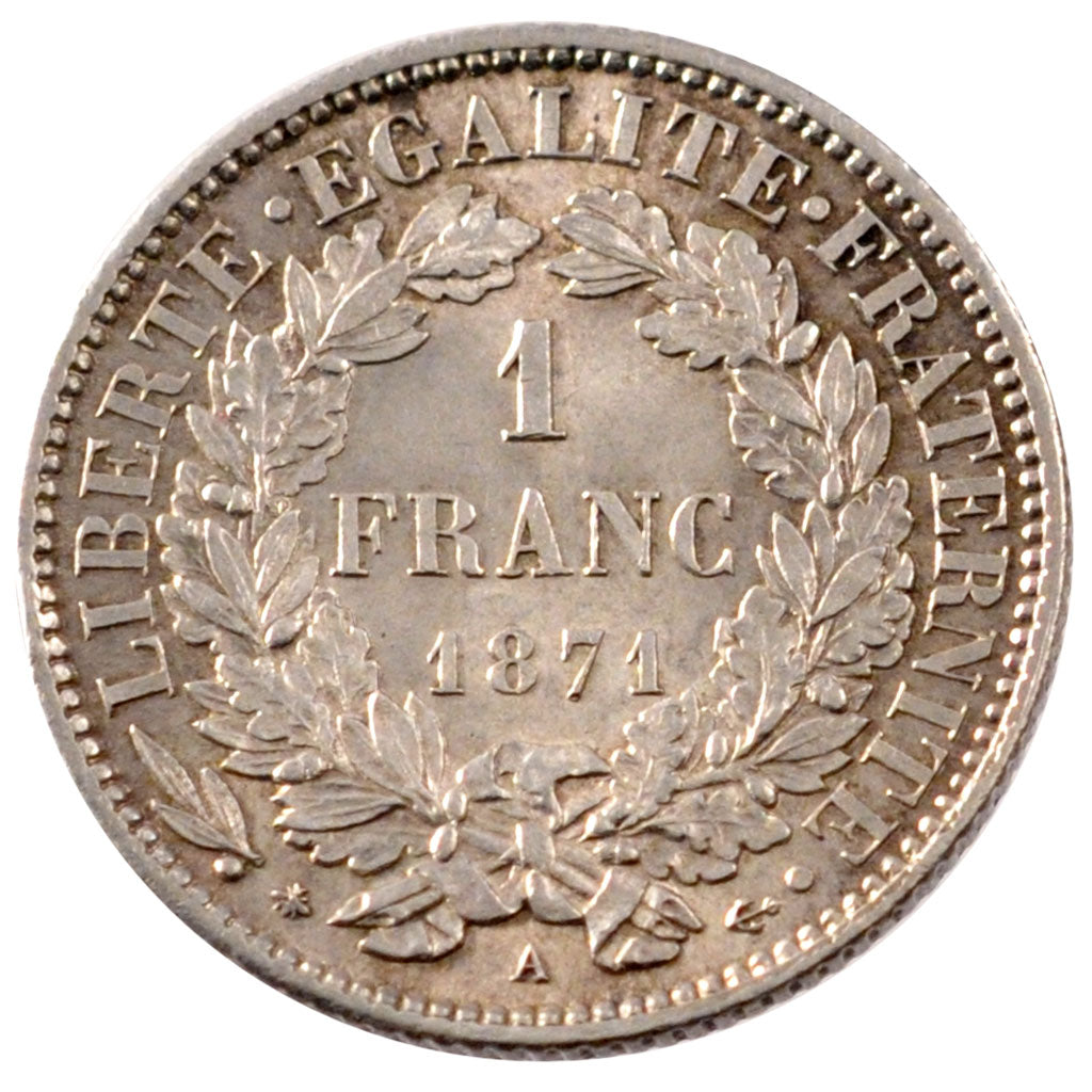 FRANCE, 1 Franc, 1871, Paris, AU(55-58), Silver, Gadoury #465, 4.95