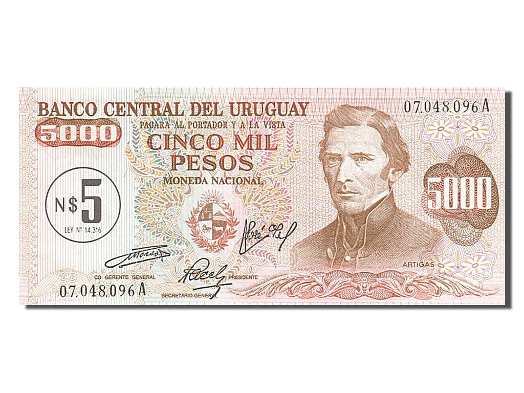 Uruguay, 5 Nuevos Pesos on 5000 Pesos, 1975, KM #57, UNC(63), 07048096A