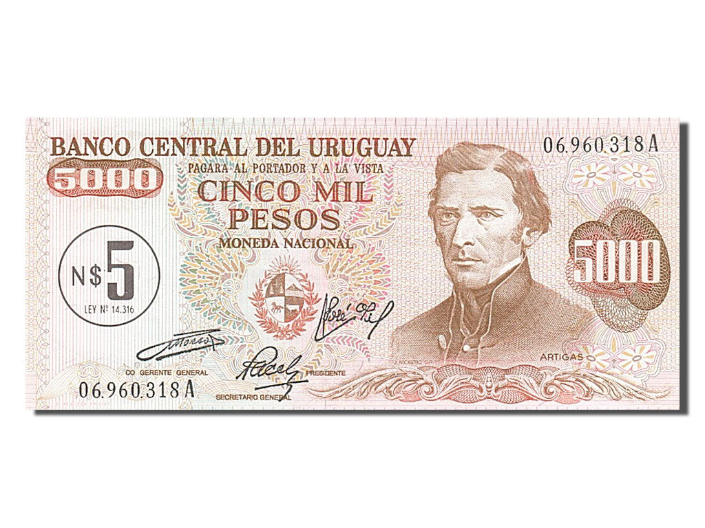 Uruguay, 5 Nuevos Pesos on 5000 Pesos, 1975, KM #57, UNC(63), 06960318A