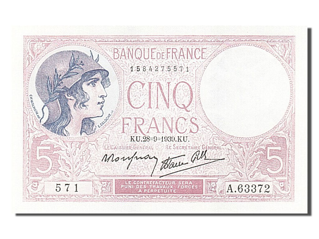 Billete, Francia, 5 Francs, 5 F 1917-1940 ''Violet'', 1939, 1939-09-28, UNC