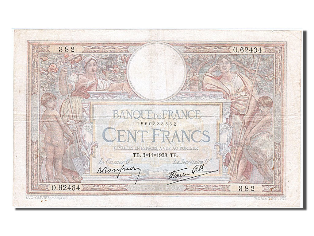 France, 100 Francs, 100 F 1908-1939 ''Luc Olivier Merson'', 1938, KM #86b,...