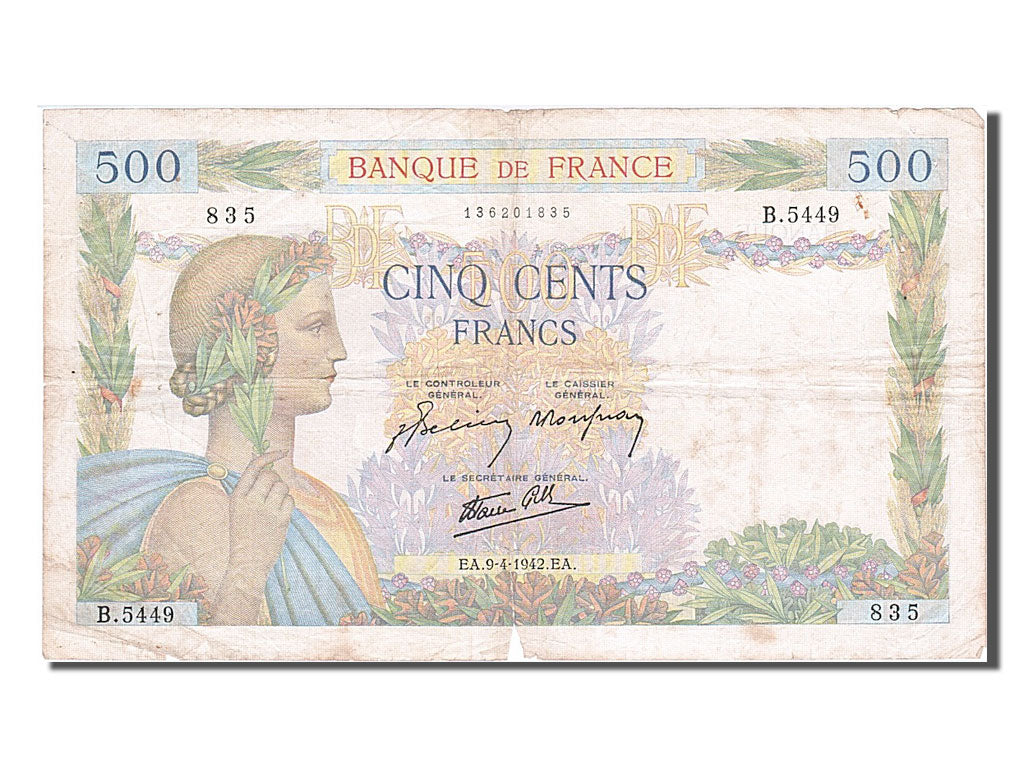 Francia, 500 Francs, 500 F 1940-1944 ''La Paix'', 1942, KM:95b, 1942-04-09, M...