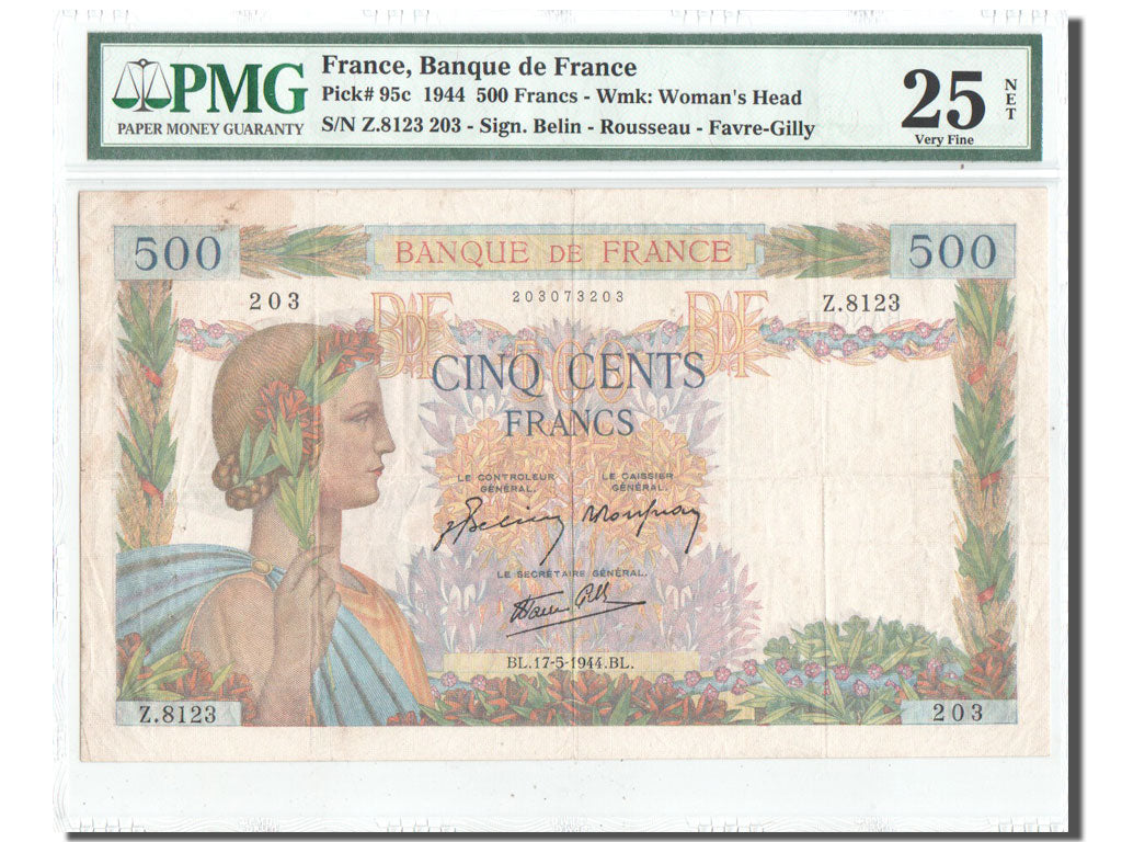 Geldschein, Frankreich, 500 Francs, 500 F 1940-1944 ''La Paix'', 1944