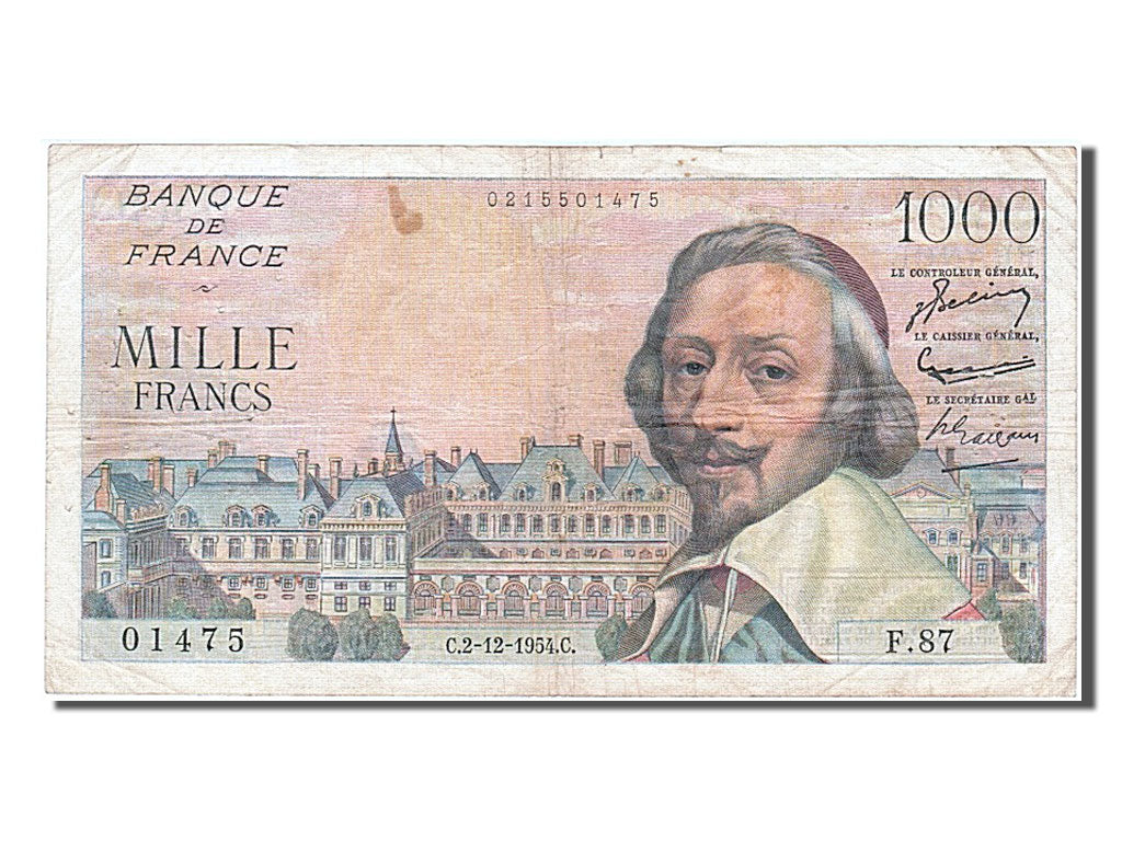 France, 1000 Francs, 1 000 F 1953-1957 ''Richelieu'', 1954, KM #134a,...