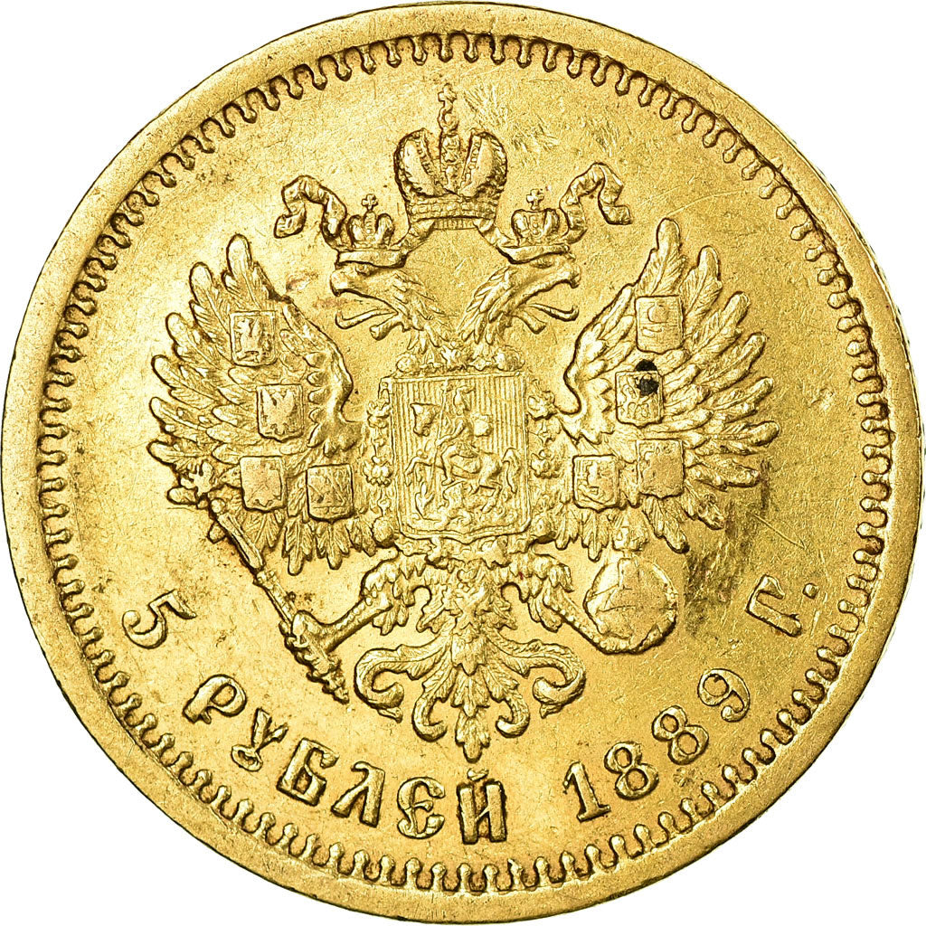 Munten, Rusland, Alexander III, 5 Roubles, 1889, St. Petersburg, ZF, Goud, KM:42