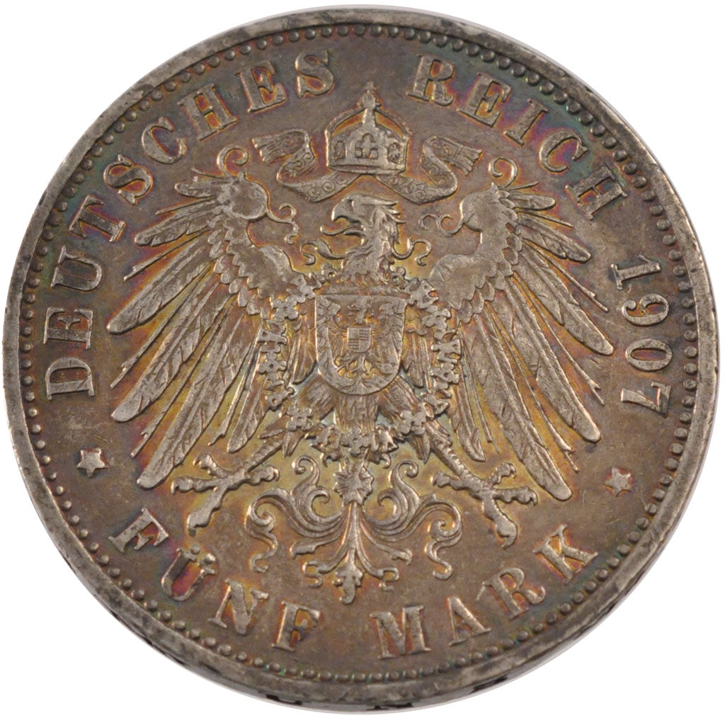GERMAN STATES, 5 Mark, 1907, Berlin, KM #523, EF(40-45), Silver, 38, 27.78