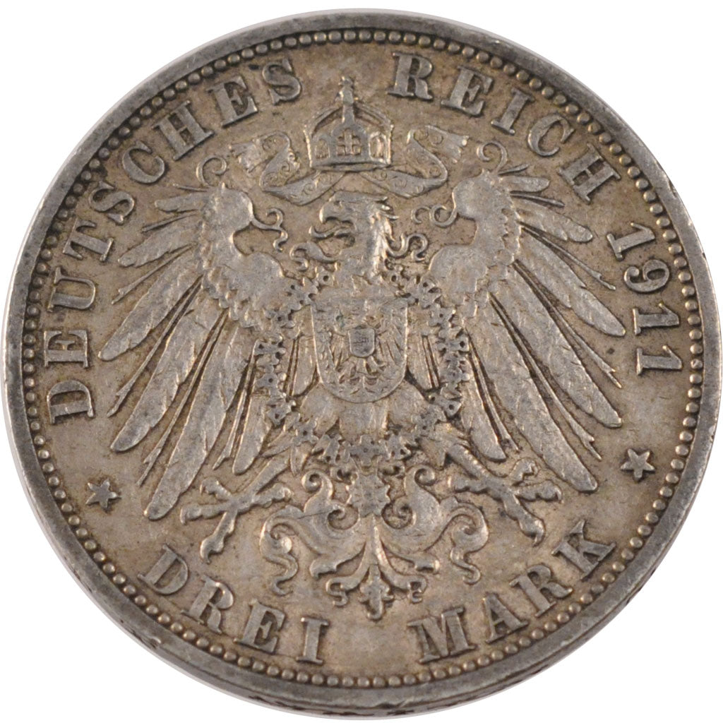 GERMAN STATES, 3 Mark, 1911, Berlin, KM #527, EF(40-45), Silver, 33, 16.65