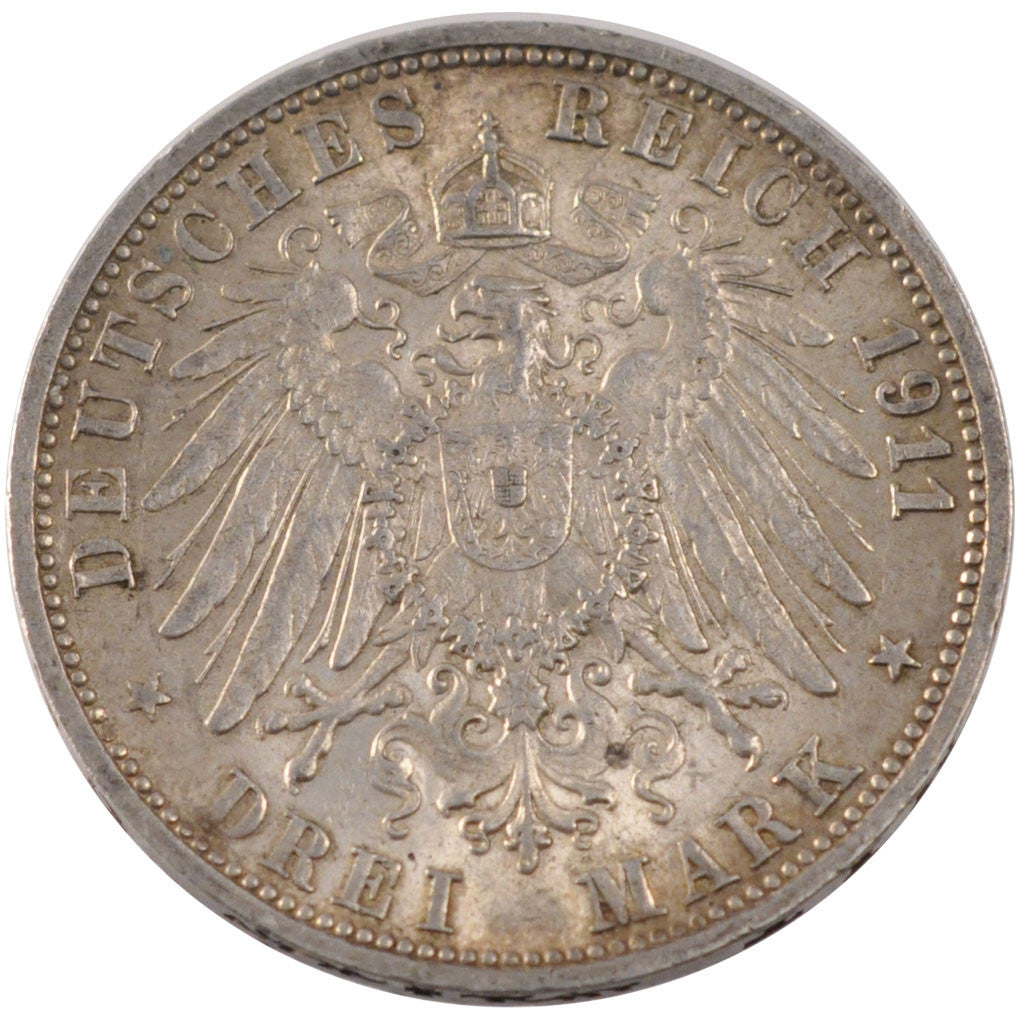 GERMAN STATES, 3 Mark, 1911, Freudenstadt, KM #635, AU(55-58), Silver, 33, 16.68