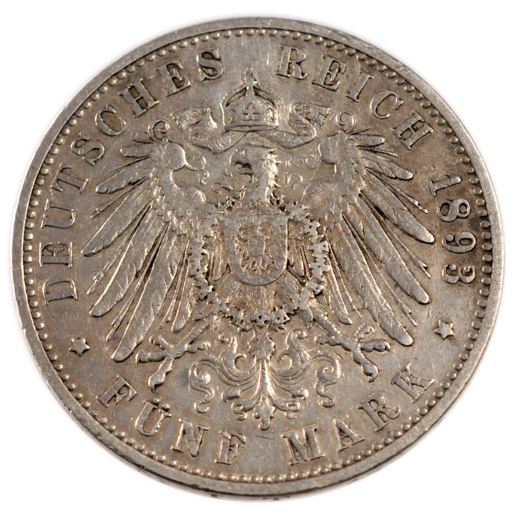 GERMAN STATES, 5 Mark, 1893, Freudenstadt, KM #632, EF(40-45), Silver, 38, 27.71