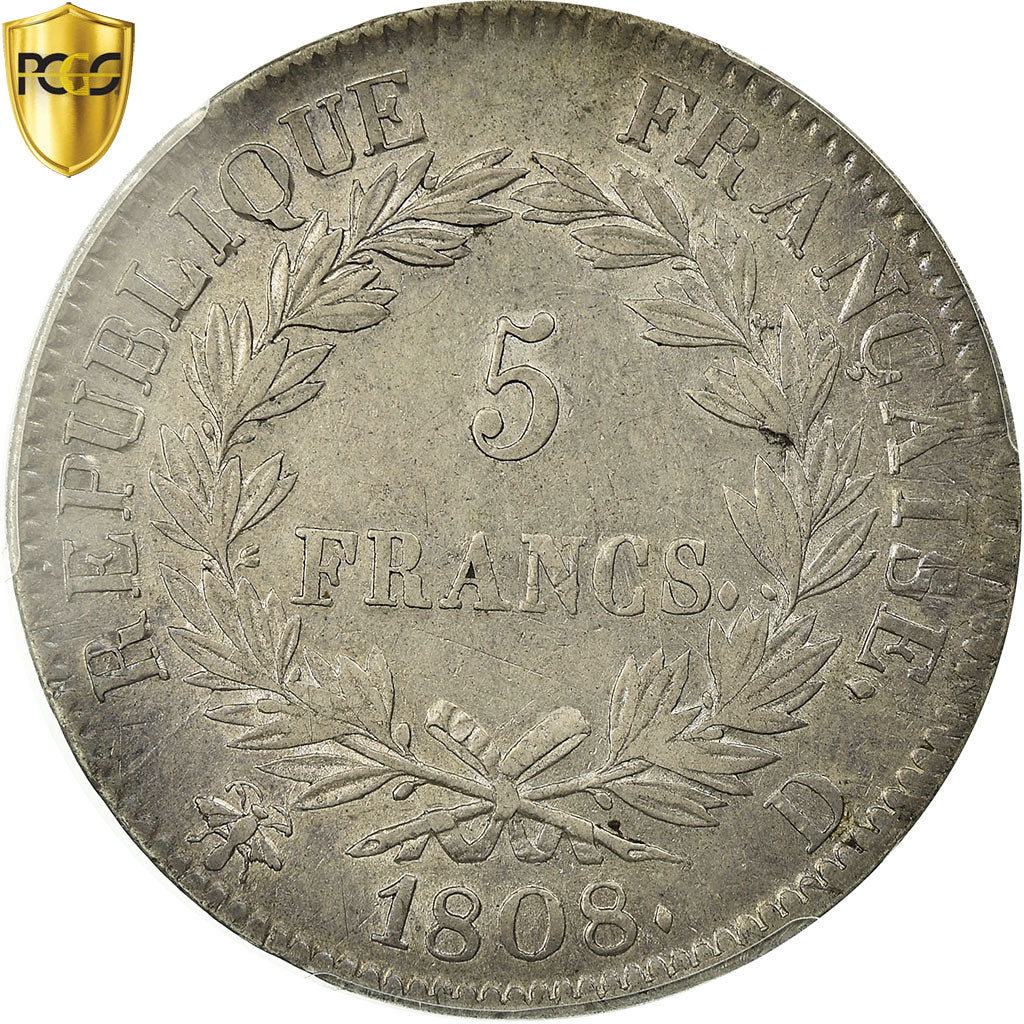 Coin, France, Napoléon I, 5 Francs, 1808, Lyons, PCGS, XF45, Silver, KM:686.4