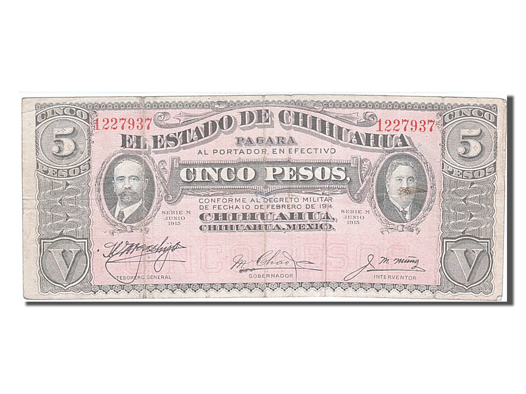 Messico - Rivoluzionario, 5 Pesos, 1915, 1915-08-20, MB+