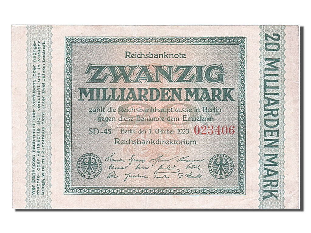 Germany, 20 Milliarden Mark, 1923, KM #118e, 1923-10-01, AU(55-58), 023406