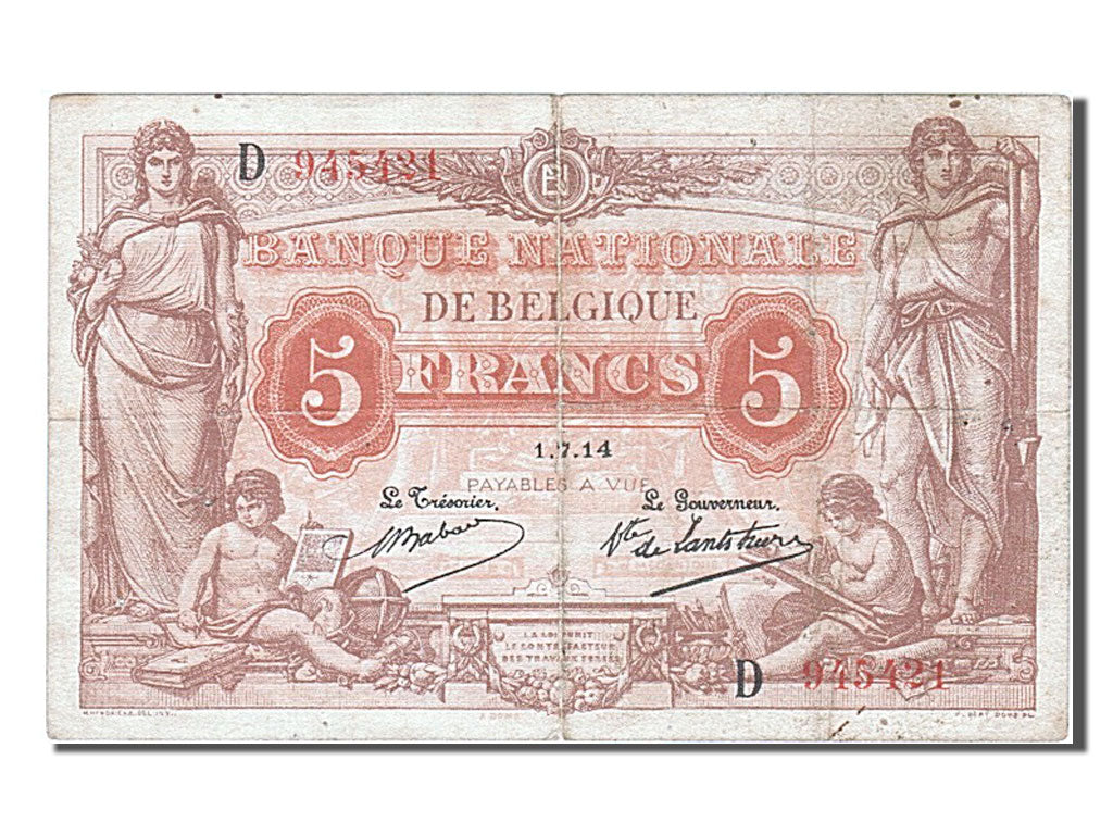 Belgium, 5 Francs, 1914, KM #75a, 1914-07-01, VF(20-25), D 945421