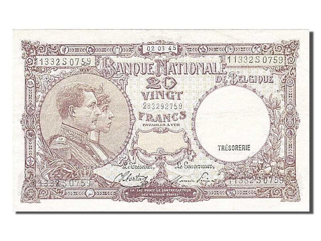Banknote, Belgium, 20 Francs, 1945, 1945-03-02, AU(55-58)
